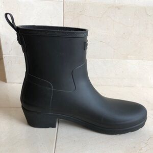 Hunter refined low heel biker rain boot.